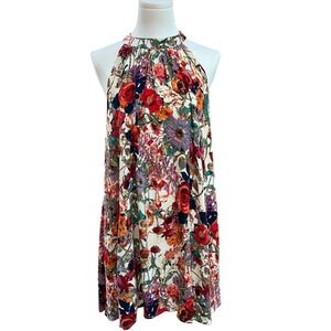 In The Beginning Rayon Floral Halter Swing Dress Boho Garden Party Resort M